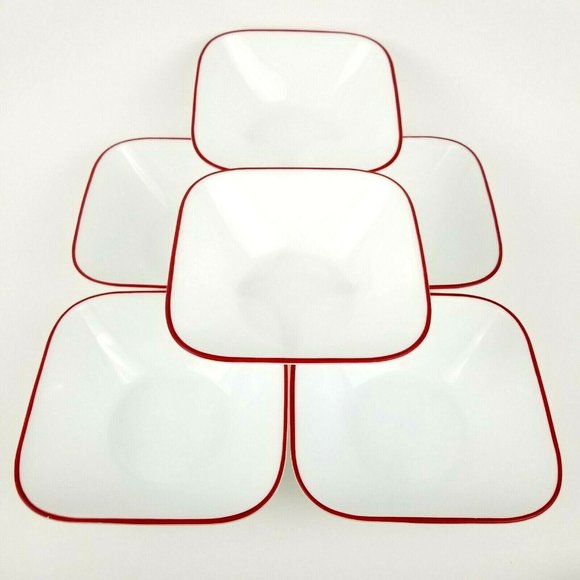 Corelle Other - 6 Corelle Vitrelle Square Soup Bowls Red Trim